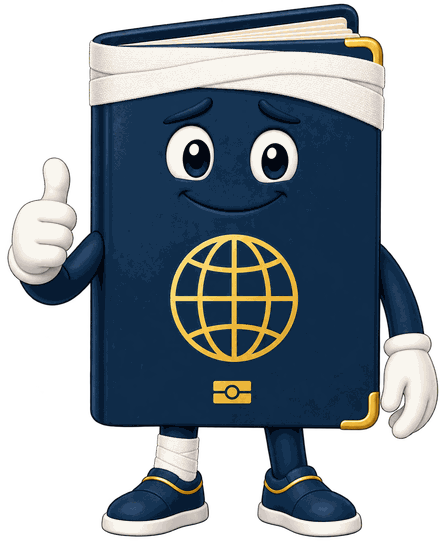 The TripChecker passport mascot bandaged up but giving a thumbs up